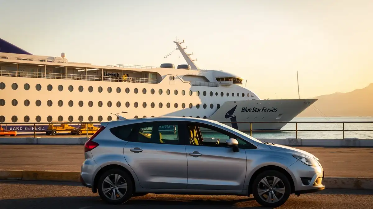 Rental car at Naxos ferry port with Blue Star Ferries docked in background