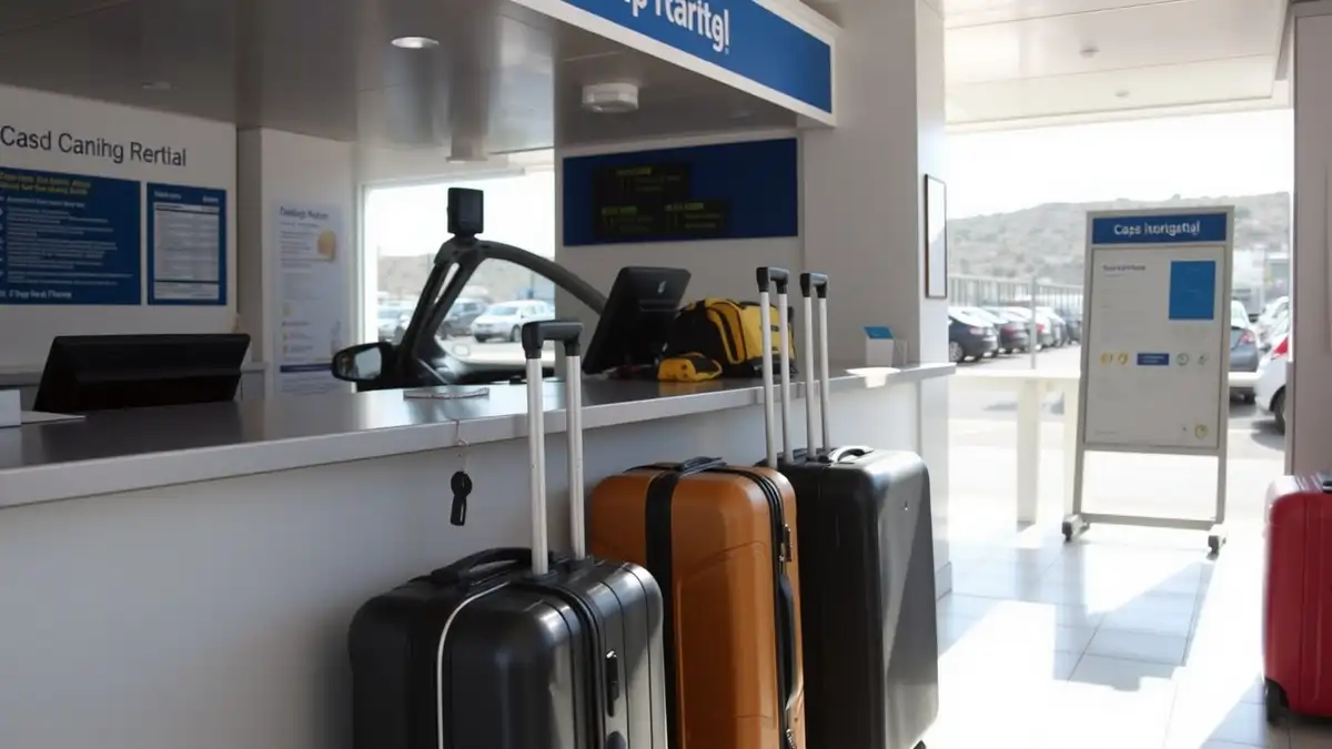 Car rental pickup counter at Naxos port terminal with keys and luggage