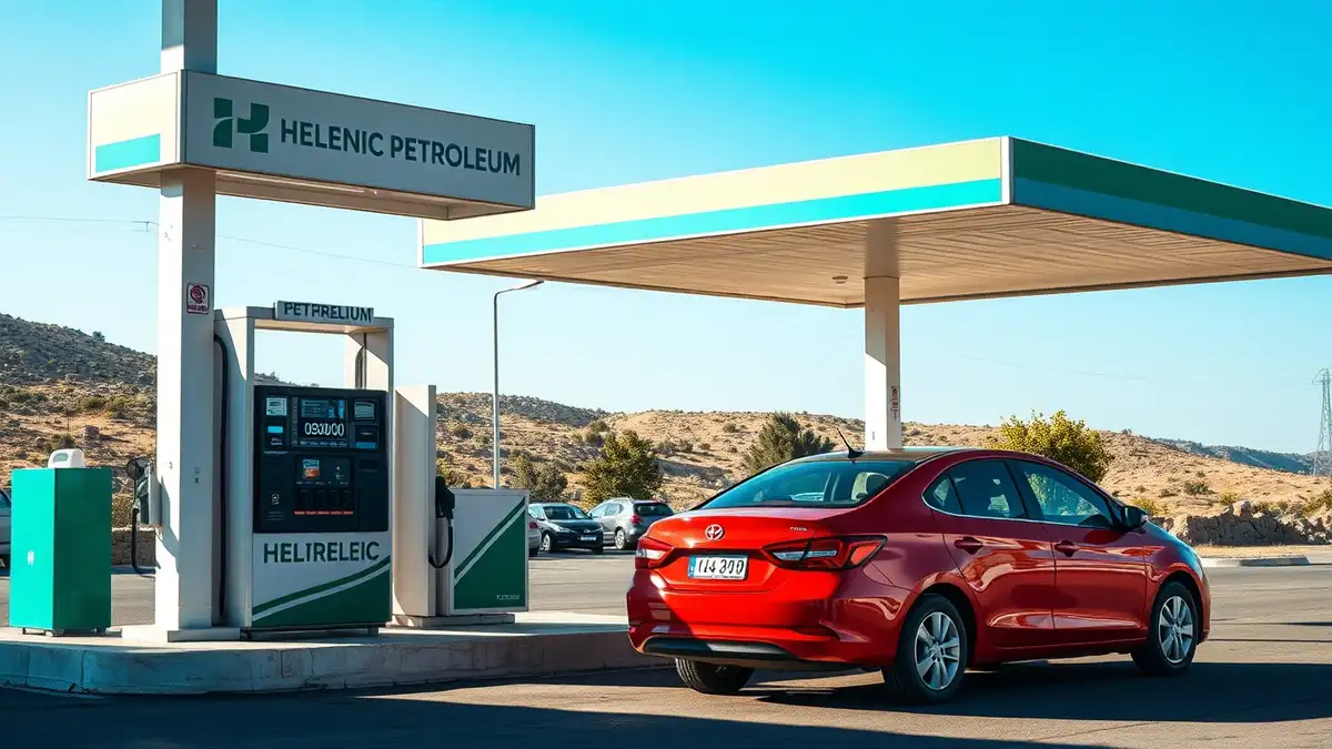 Greek fuel station on Naxos island with small rental car at the pump