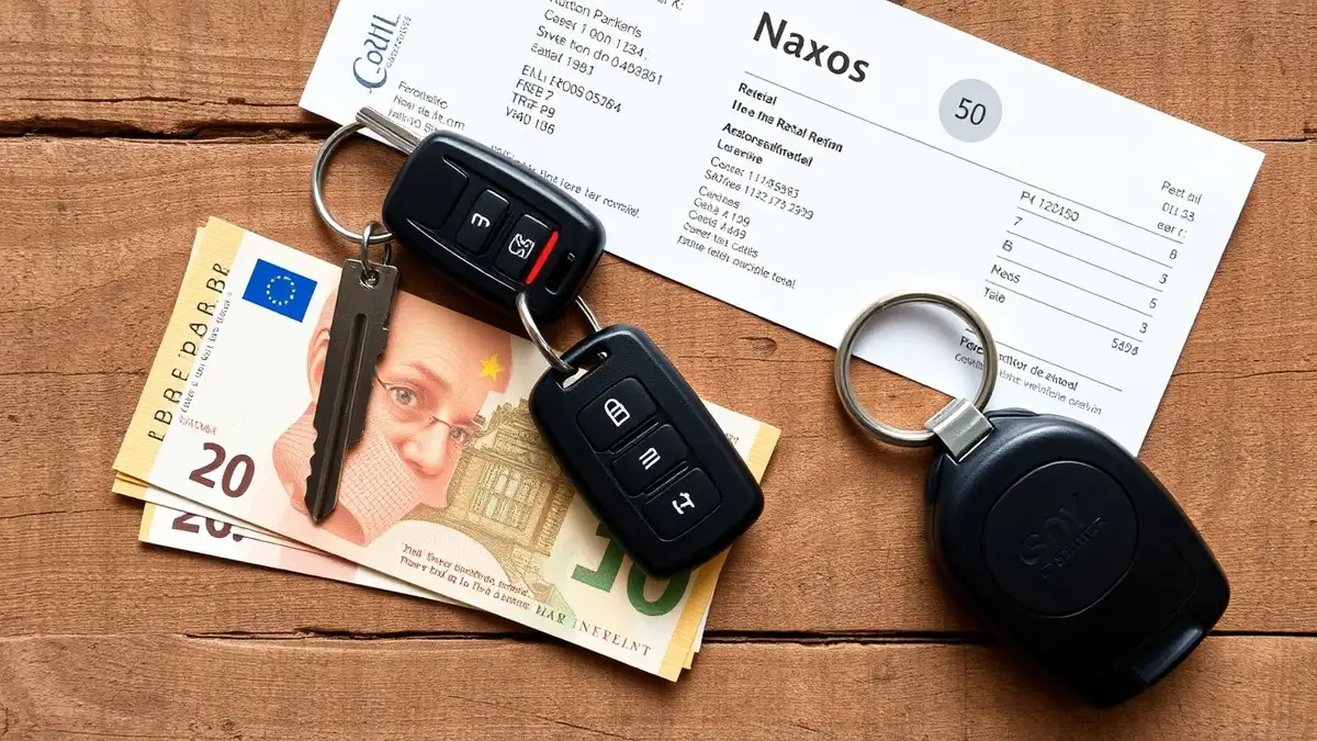 Rental car keys and euro banknotes on rustic wooden table, Naxos rental receipt